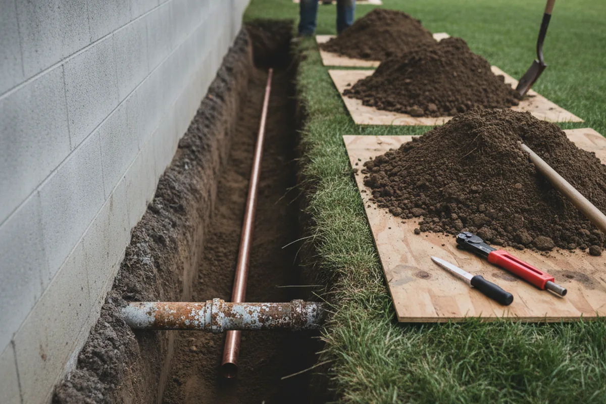 Excavated water line trench during Sewer Line Repair in Nelson